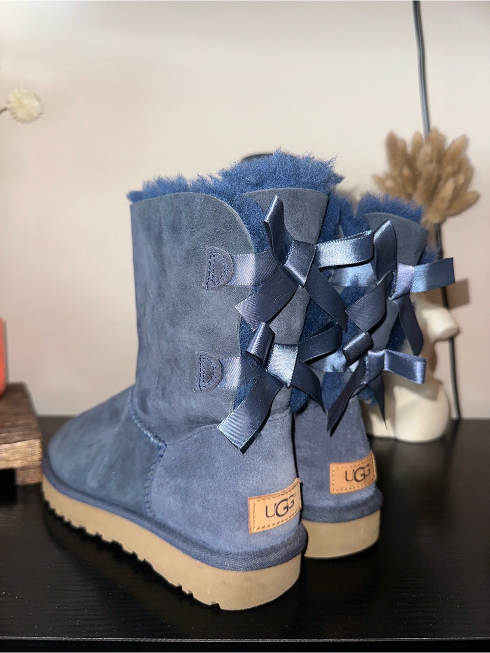 UGG Navy Blue Suede Short Boots with Satin Back Bows